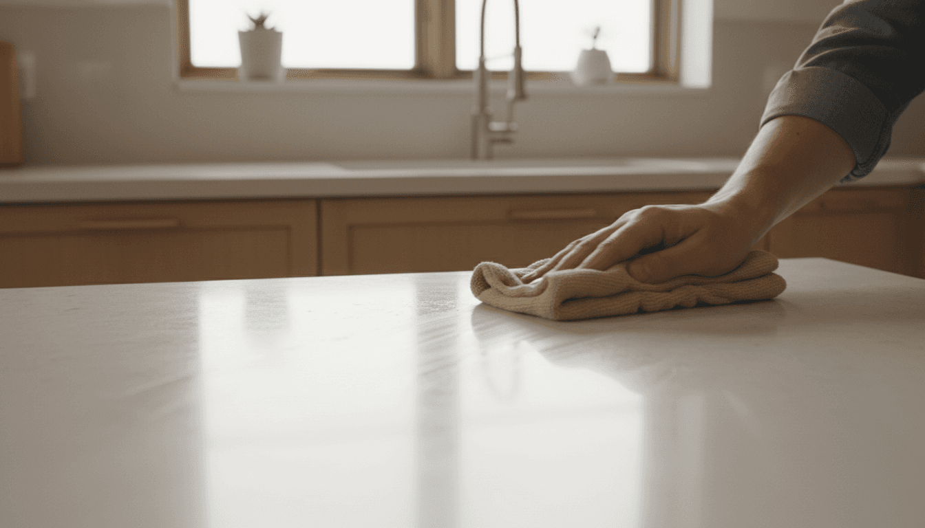 Professionele schoonmaker maakt aanrecht schoon