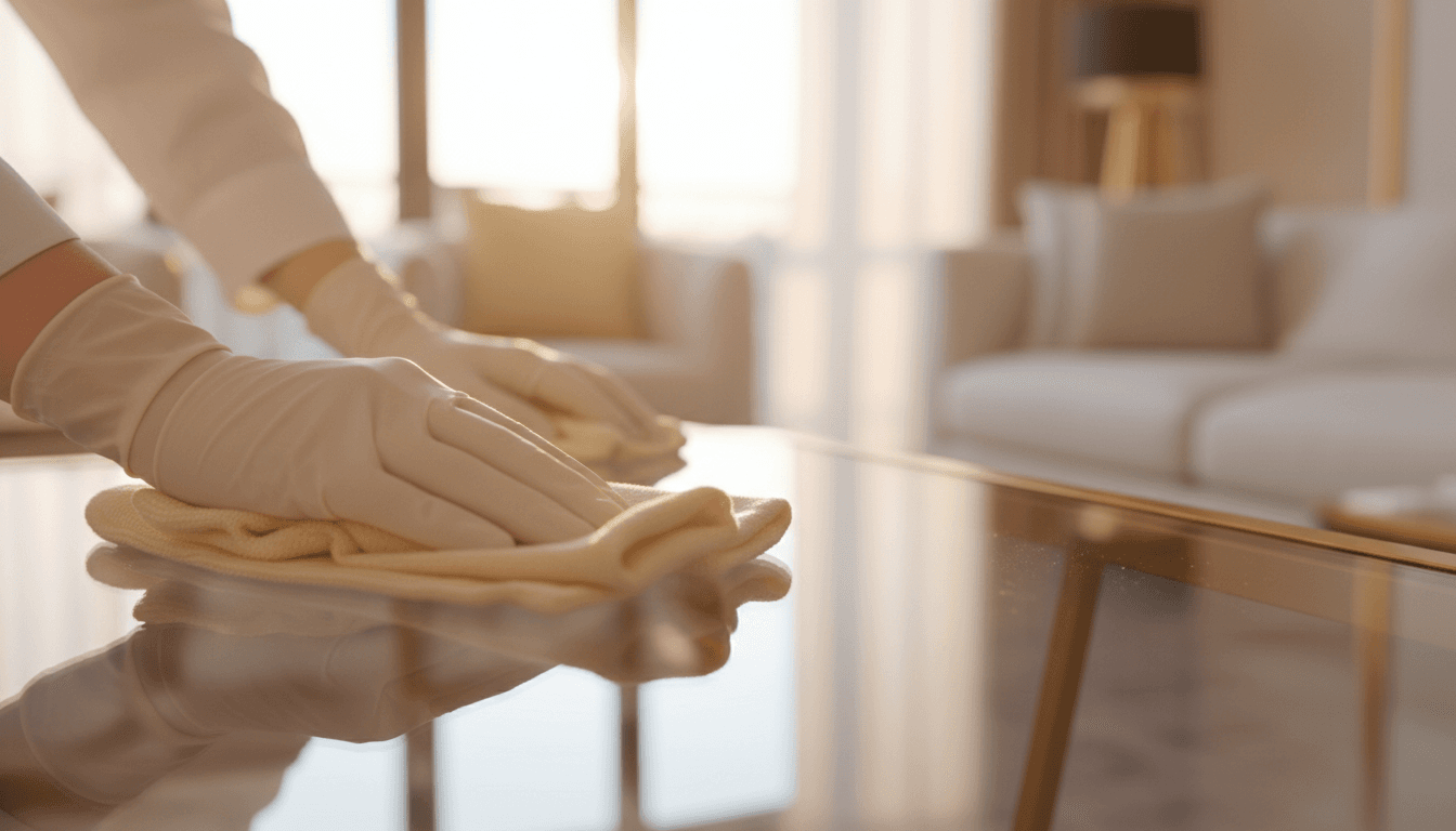 Professional cleaner meticulously cleaning a glass surface with white gloves and microfiber cloth