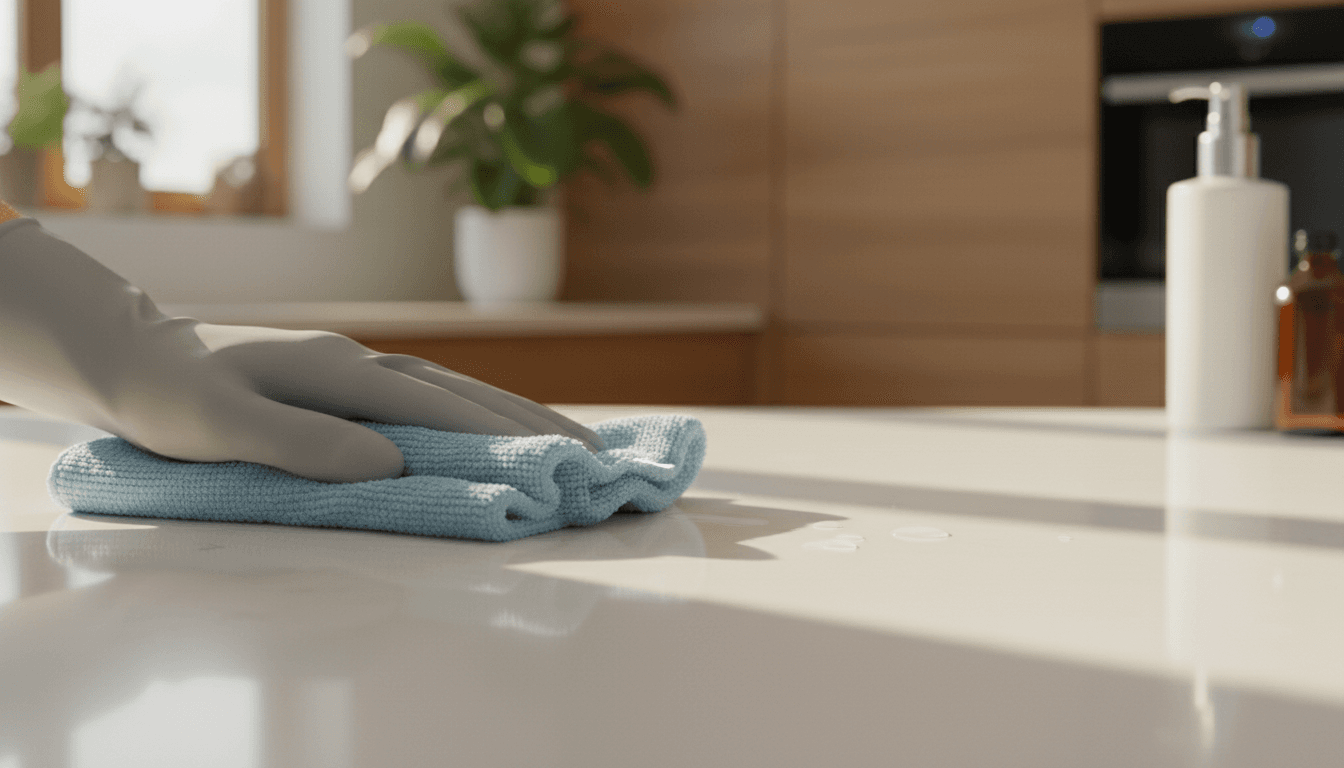 Professionele handreinigingsbehandeling op keukenwerkblad